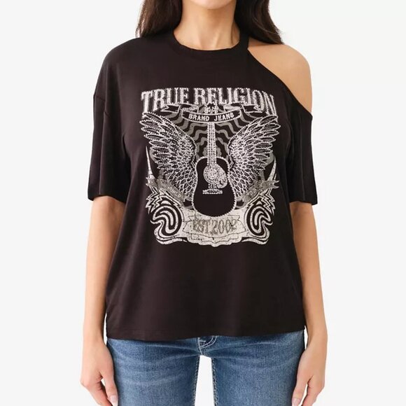 NWT True Religion Women's Crystal Cold Shoulder Band Tee (L) - Picture 1 of 11